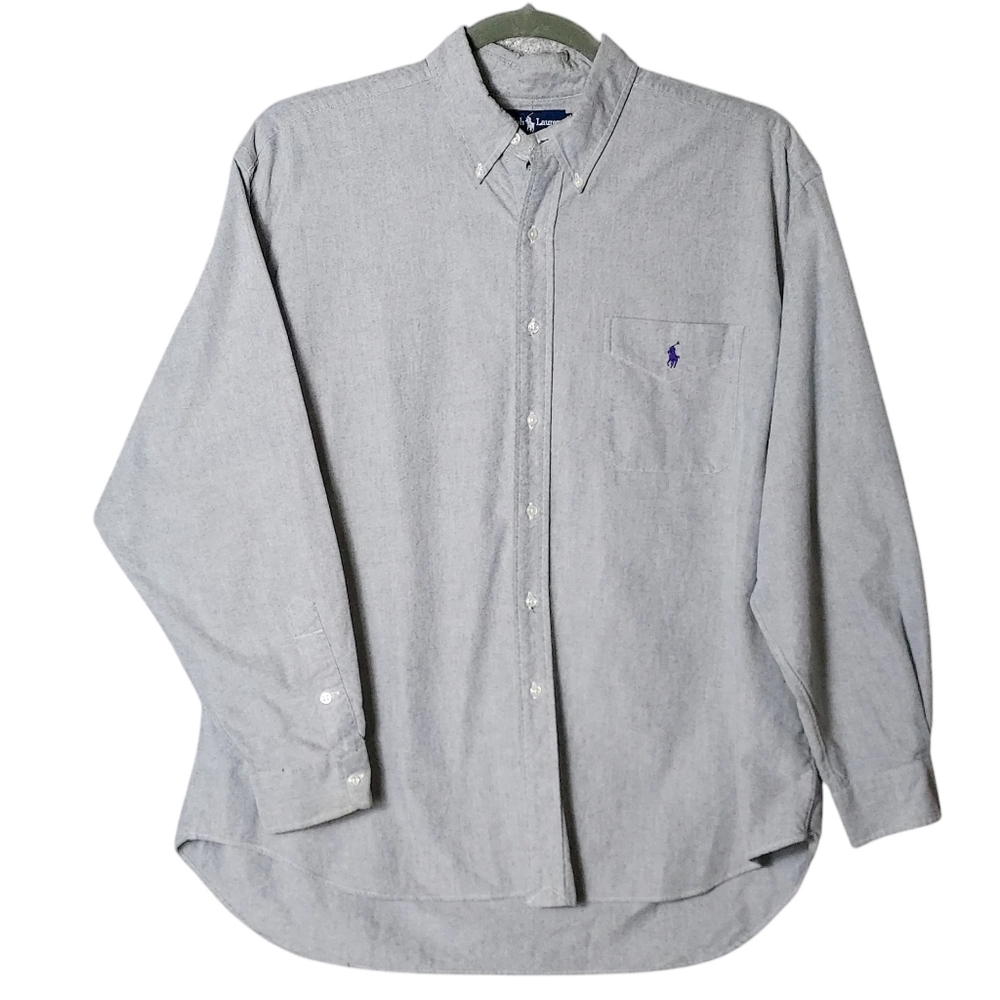 Ralph Lauren Mens Big Shirt XL Gray Black Pony Corpcore 100% Cotton Long Sleeve